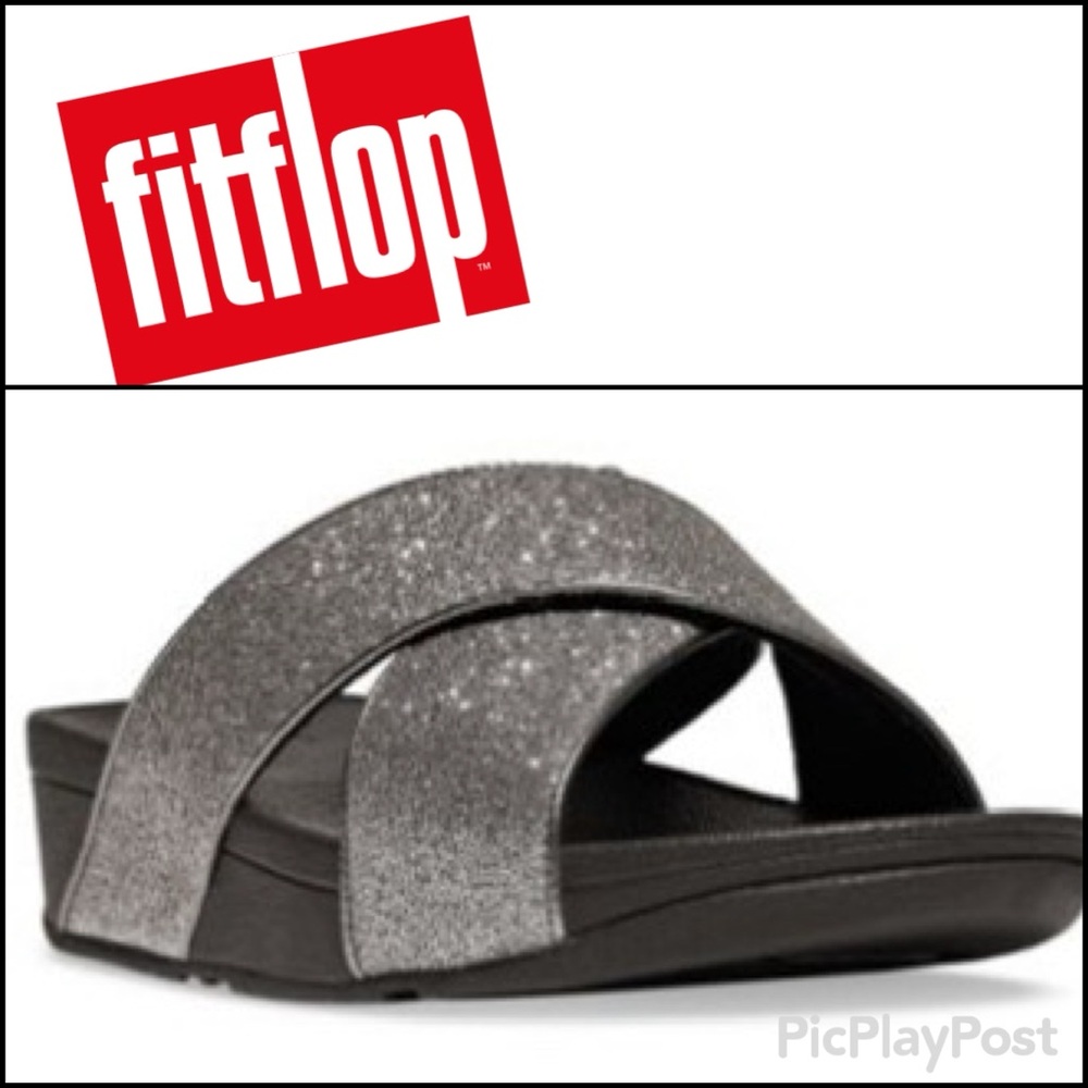FITFLOP LULU CRISS X Pewter Silver Black Glitterdust SHIMMER Sandal SLIDES NWT 8